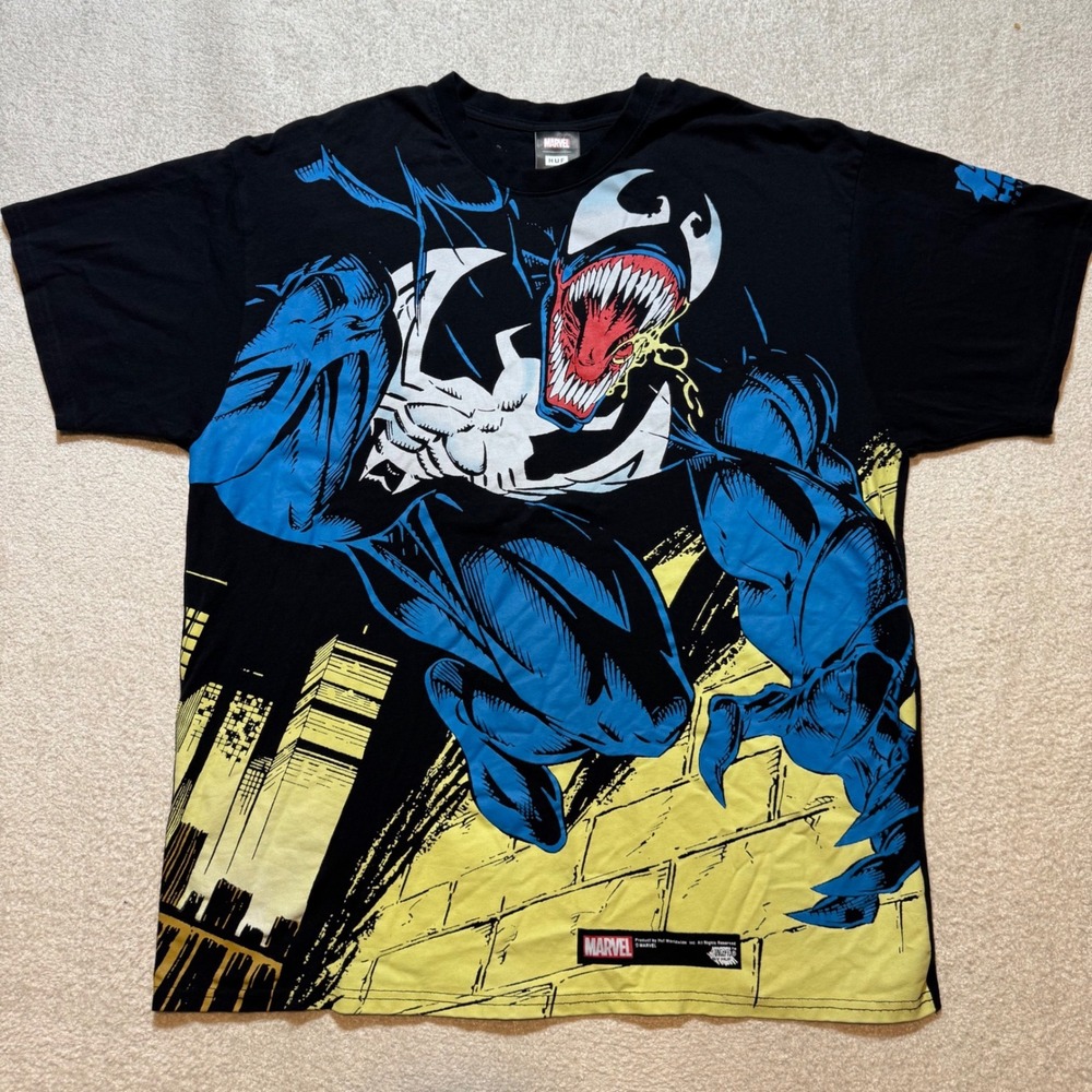 HUF x Marvel Venom T Shirt Men XL Black All Over Graphic Comic Spider-Man Tee